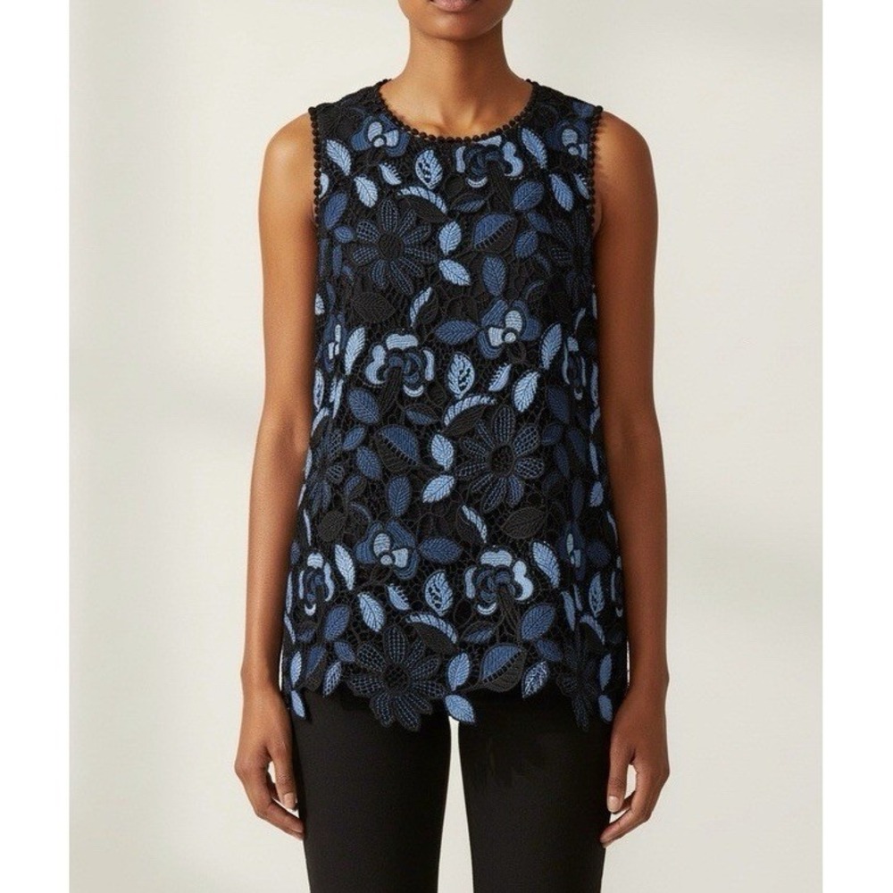 Jade Floral Lace Tank Top Womens Medium Black Blue Sleeveless‎ Guipure Blouse
